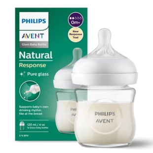 Стъклена бутилка Natural Response 120 мл, 0м+ с биберон с поток 2 Avent