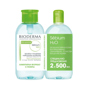 Bioderma sebium мицеларна вода 500мл + Bioderma sebium мицеларна вода 500мл с помпа комплект