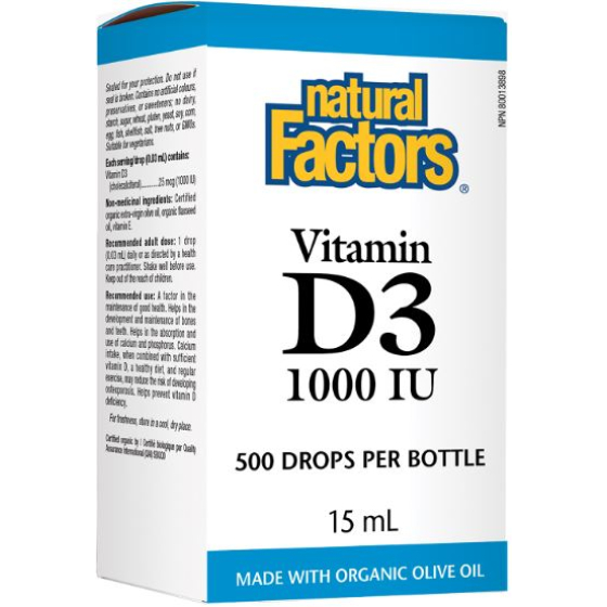 Витамин D3 1000IU (течен) 15мл в подкрепа на костите и имунитета Natural Factors